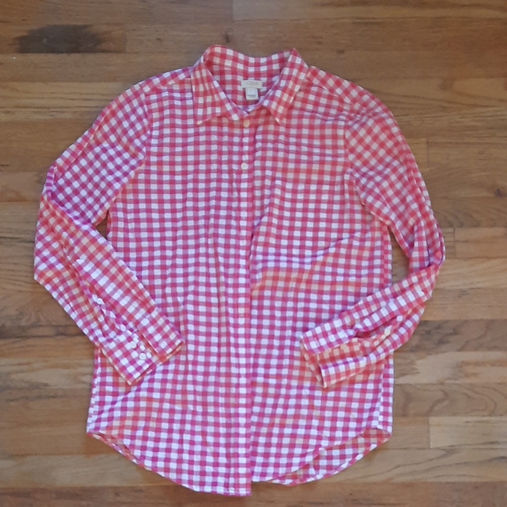 J crew coral pink and white gingham long sleeve button up shirt small